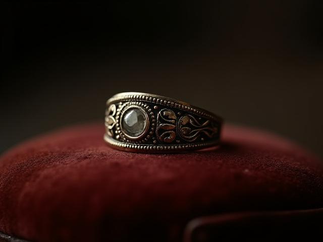 An antique filigree ring, partly restored, showcasing delicate craftsmanship, placed on a vintage velvet cushion in a dimly lit, atmospheric setting.