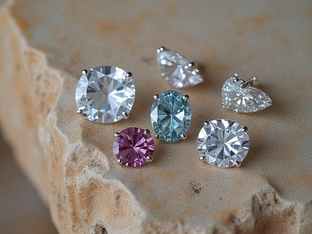 A collection of ethically sourced, polished conflict-free diamonds and gemstones, arranged on a natural, rough-textured stone background, illuminated by soft light.