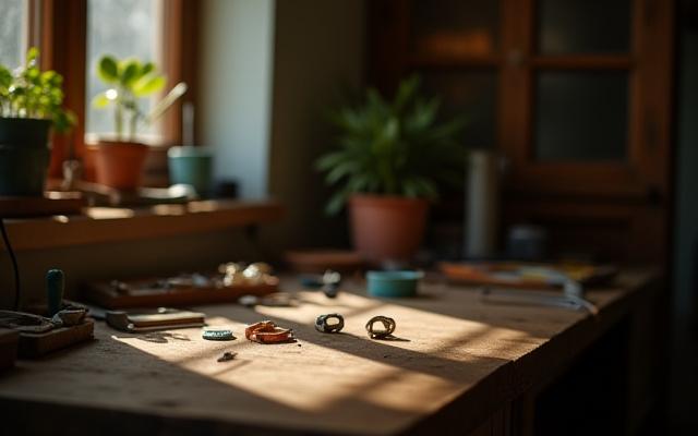 A serene and clean view of the Coral Lore jewelry studio in New Delhi, featuring tools and a half-finished piece