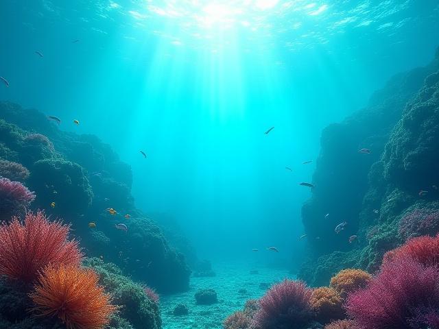 A tranquil underwater scene with vibrant coral reefs and ethereal light, hinting at ancient lore.